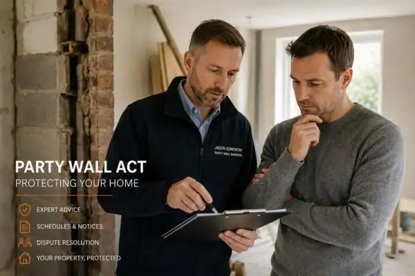 Party wall surveyor Banbury discussing extension plans with homeowner outside a UK semi-detached house.